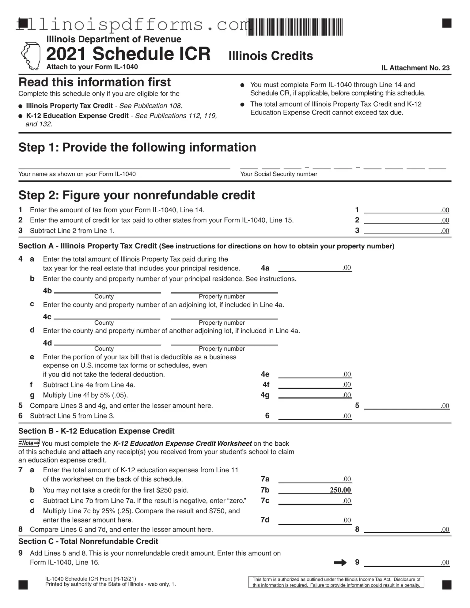 Fill a Valid 2015 Illinois Schedule Icr Form