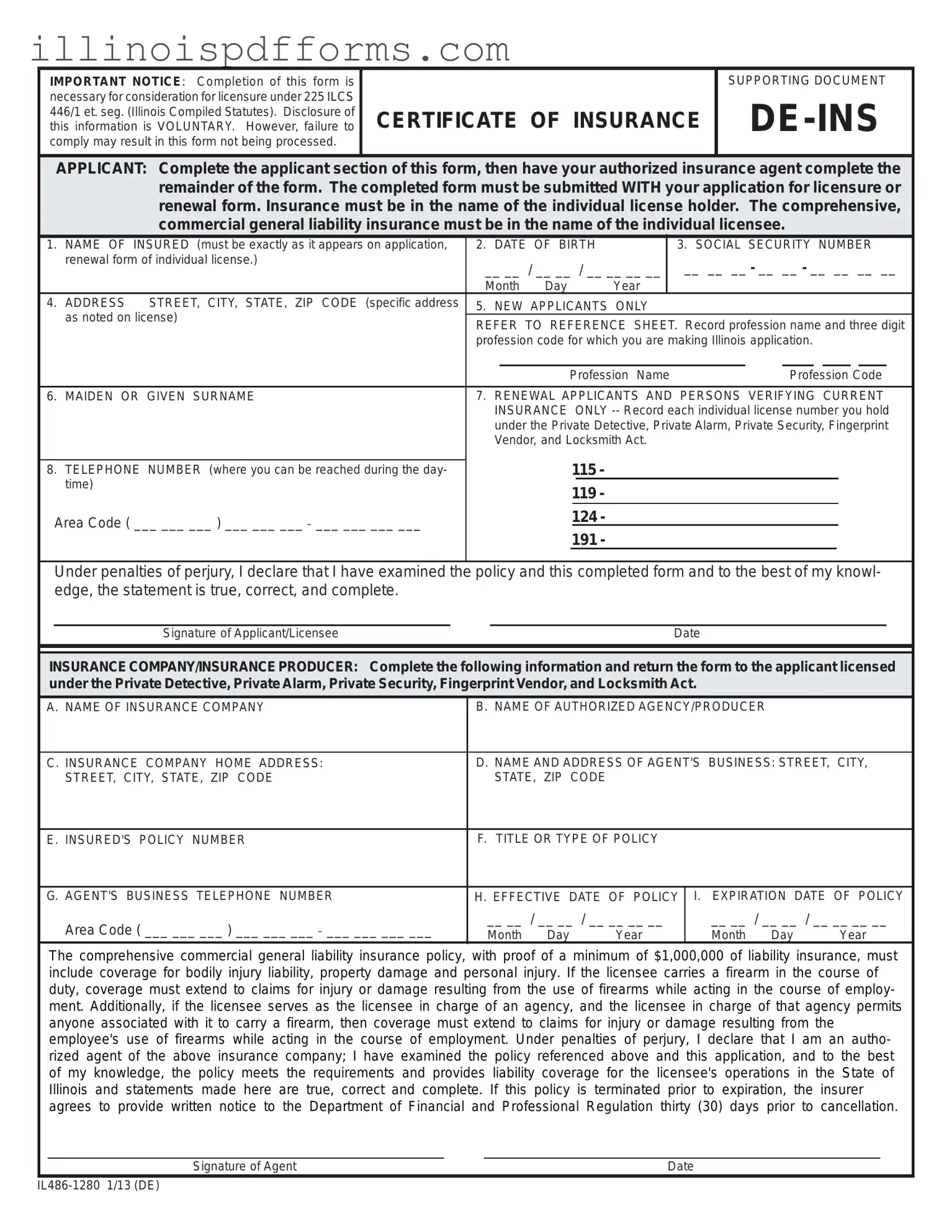 Fill a Valid De Ins Illinois Form