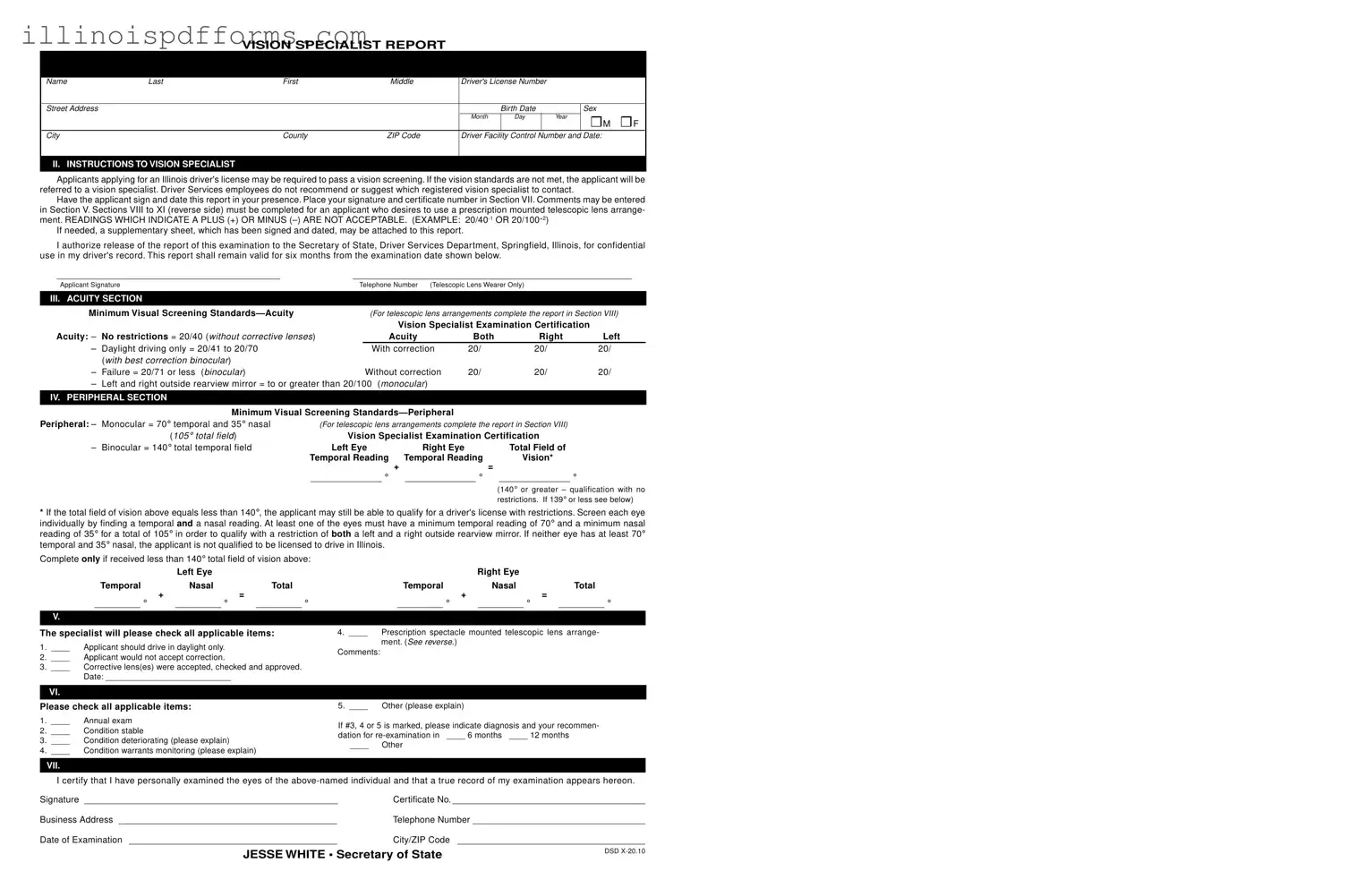 Fill a Valid Dmv Vision Test Illinois Form