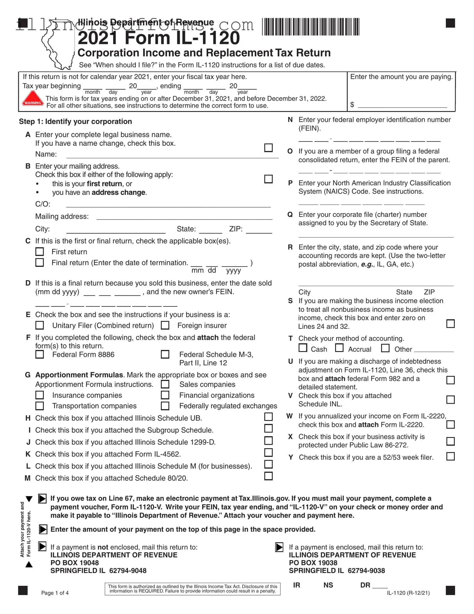 Fill a Valid Illinois 1120 Form