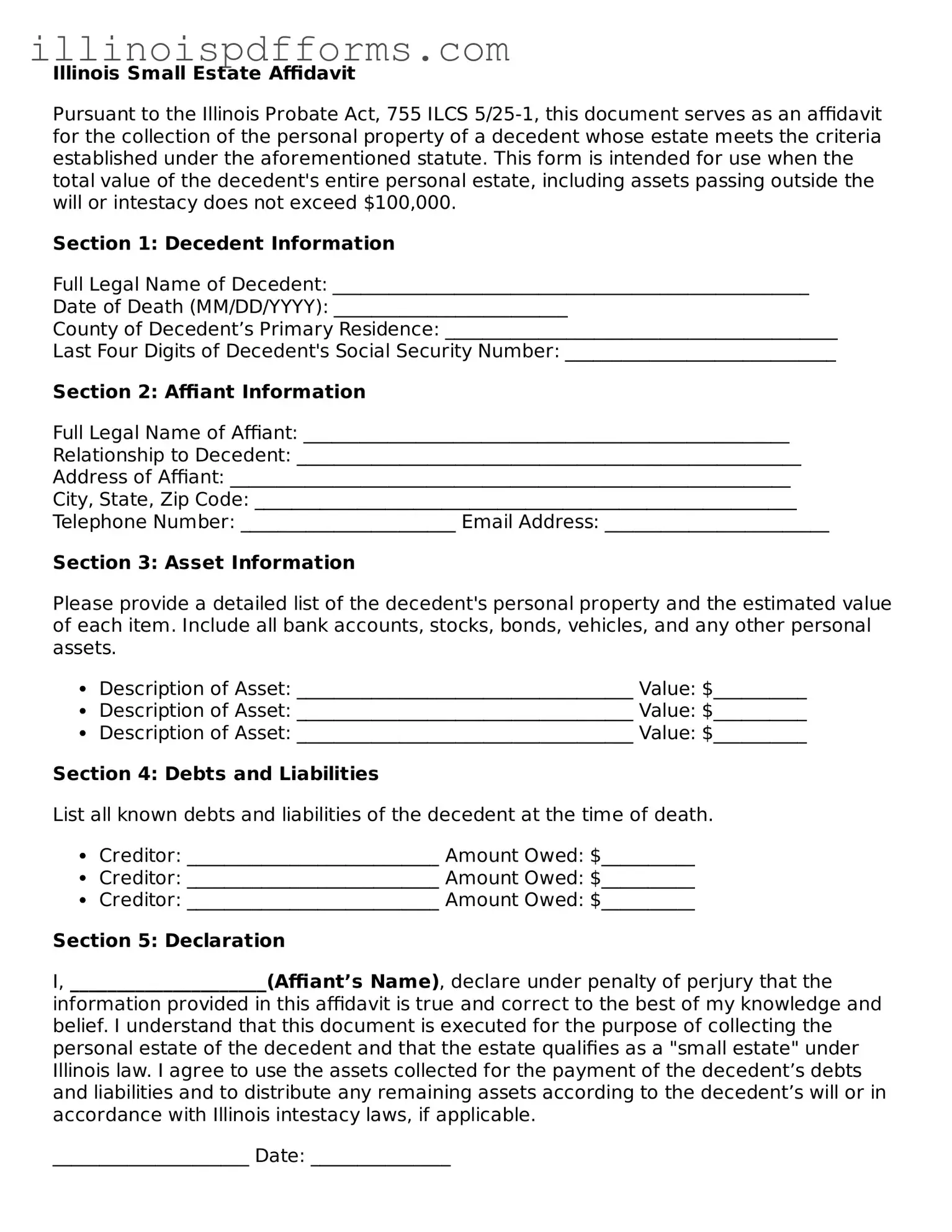 Printable Small Estate Affidavit Template for Illinois State
