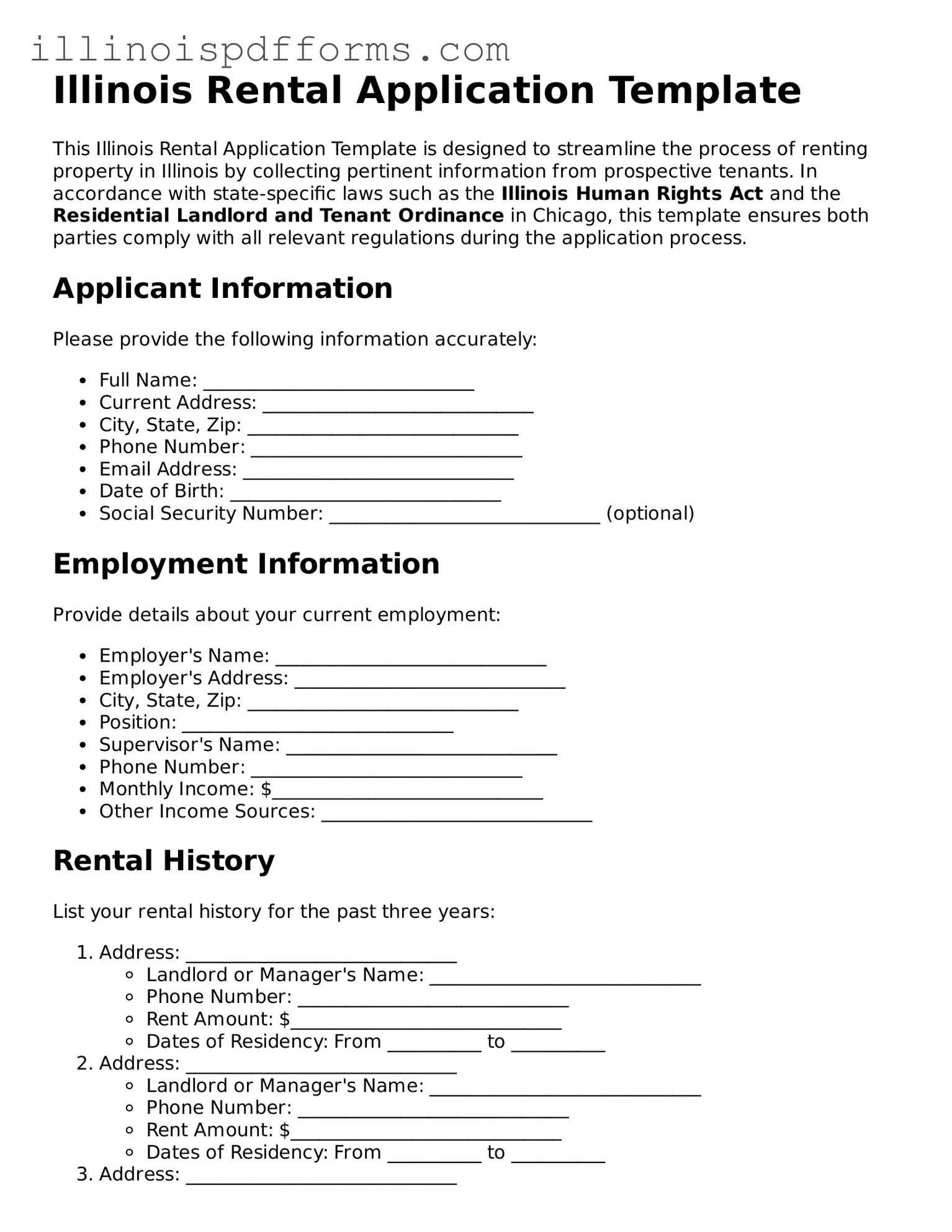 Printable Rental Application Template for Illinois State