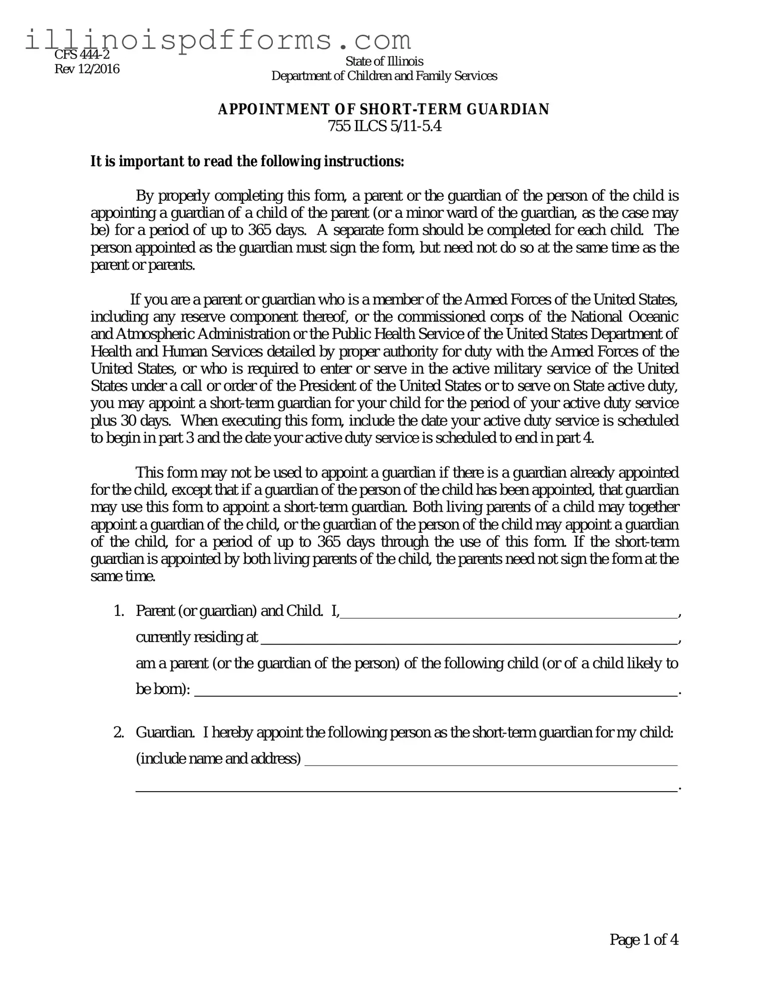 Fill a Valid Illinois Appointment Short Term Guardian Form