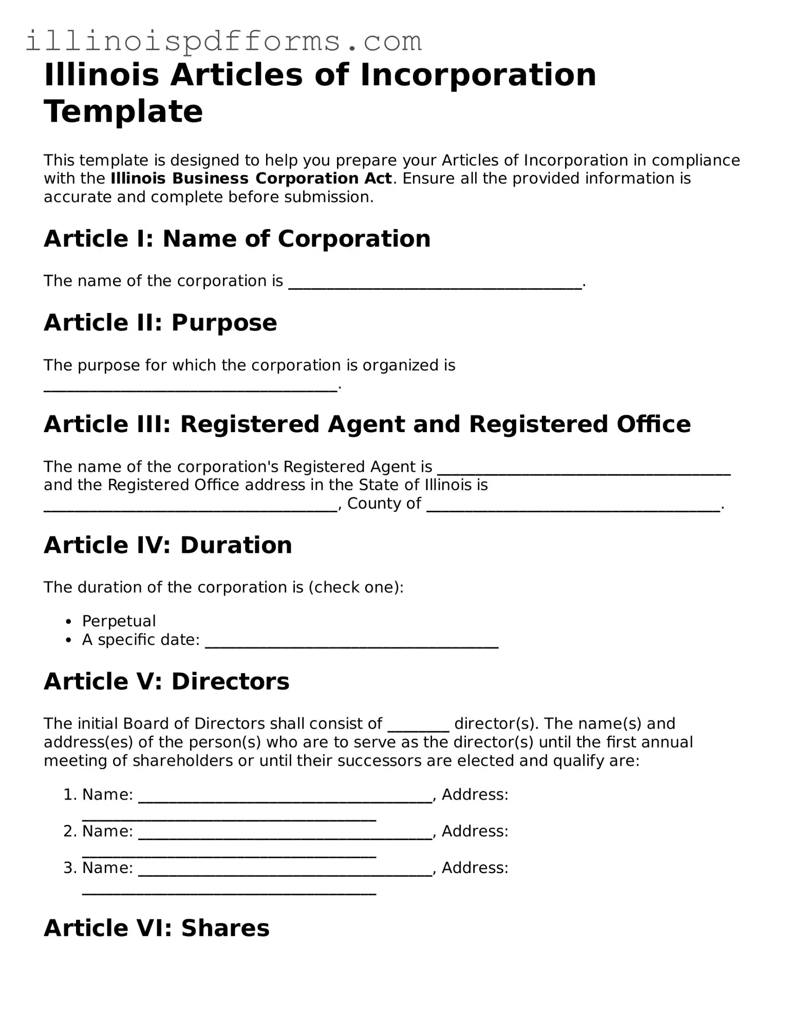 Printable Articles of Incorporation Template for Illinois State