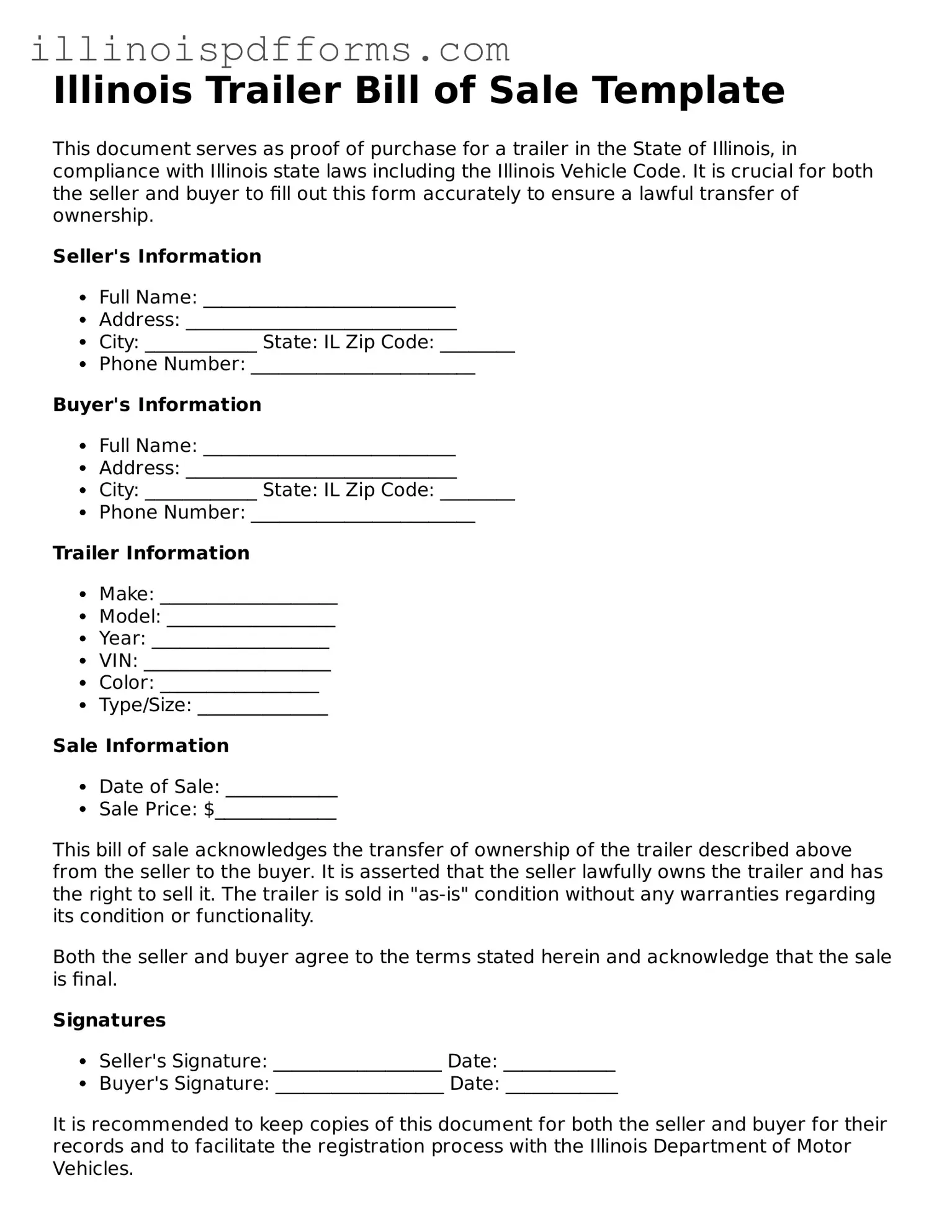Printable Trailer Bill of Sale Template for Illinois State