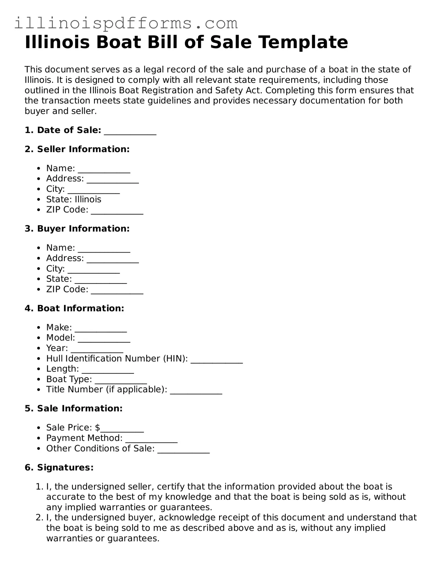 Printable Boat Bill of Sale Template for Illinois State