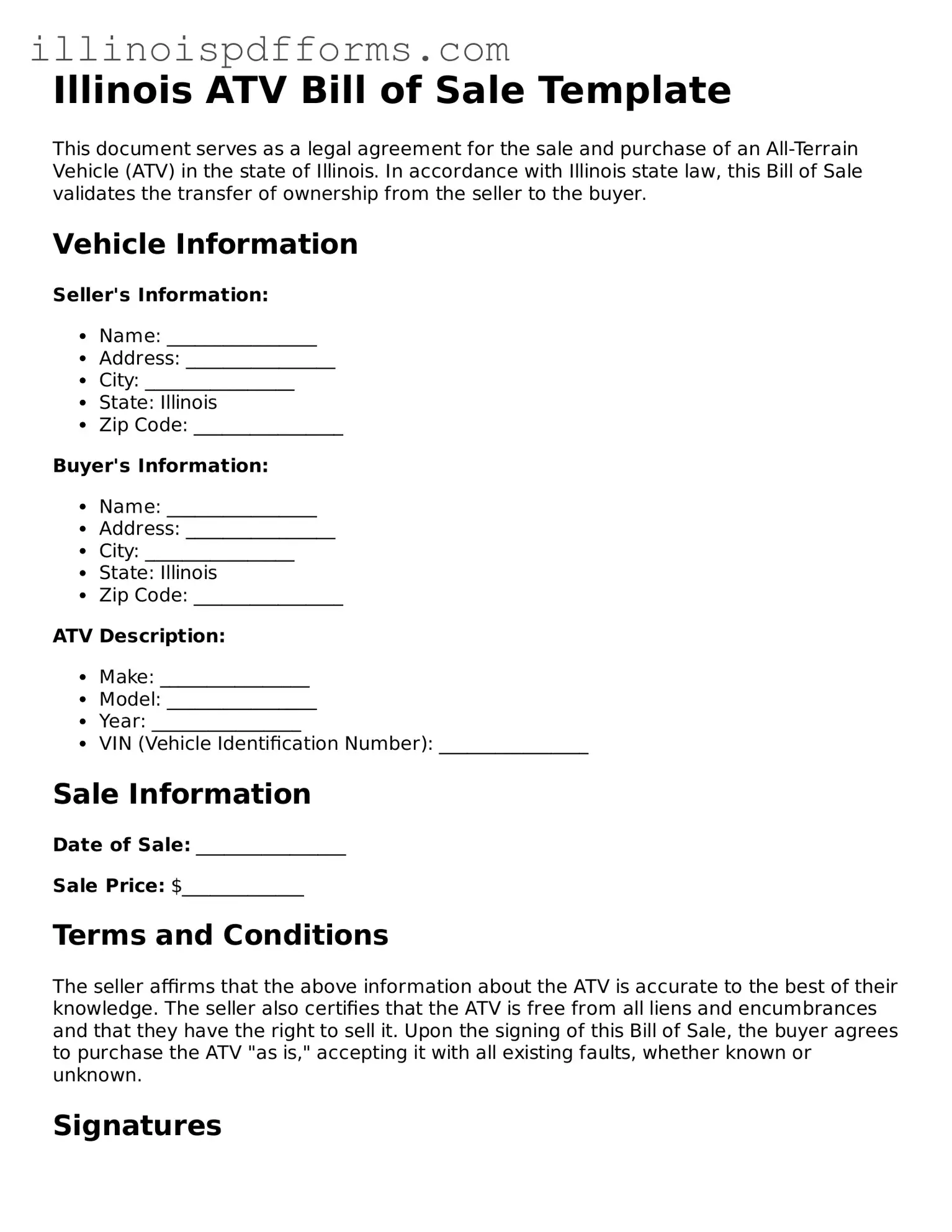 Printable ATV Bill of Sale Template for Illinois State