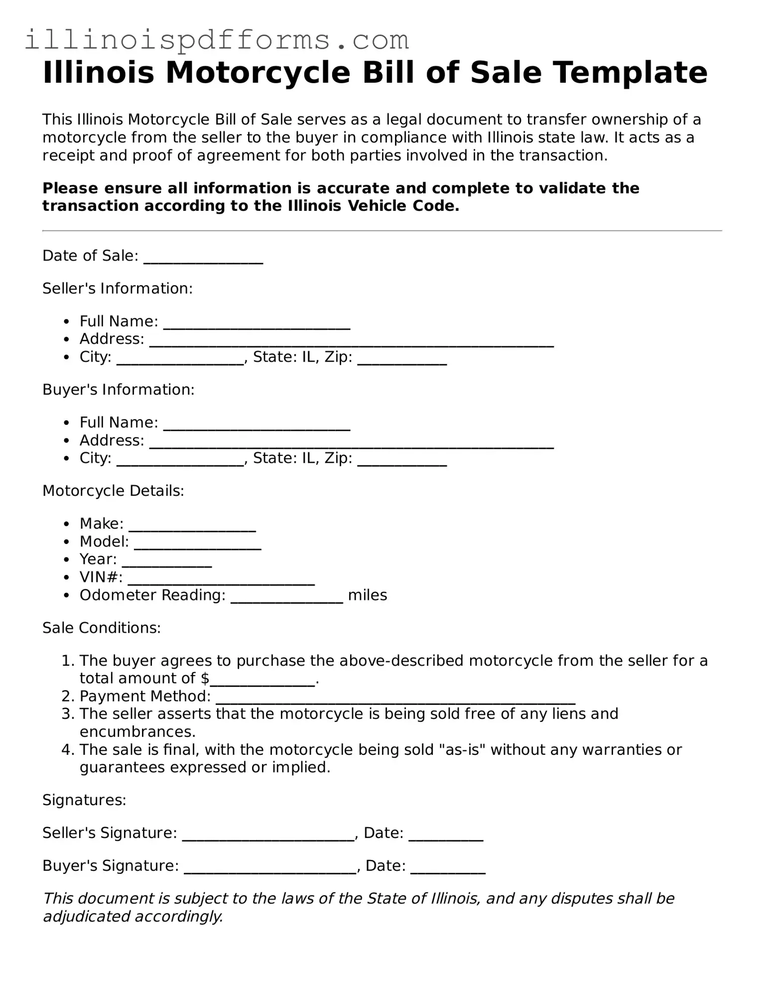 Printable Motorcycle Bill of Sale Template for Illinois State