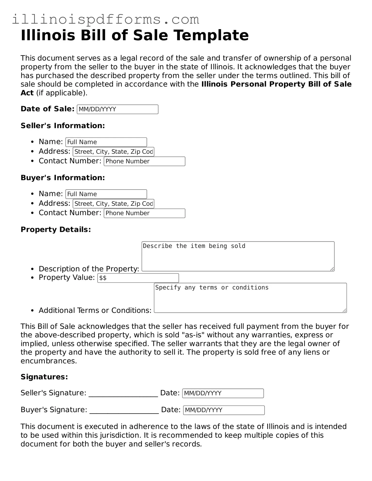 Printable Bill of Sale Template for Illinois State