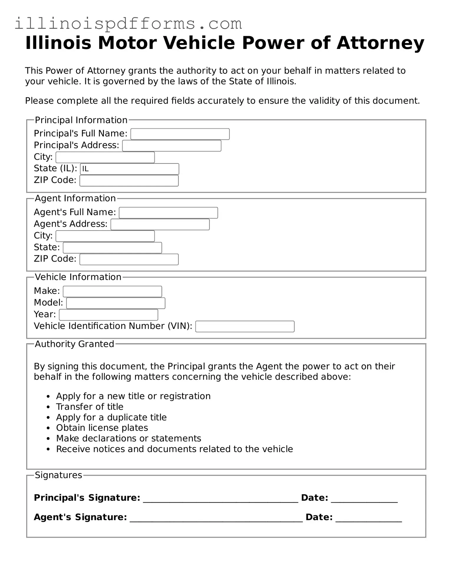 Printable Motor Vehicle Power of Attorney Template for Illinois State