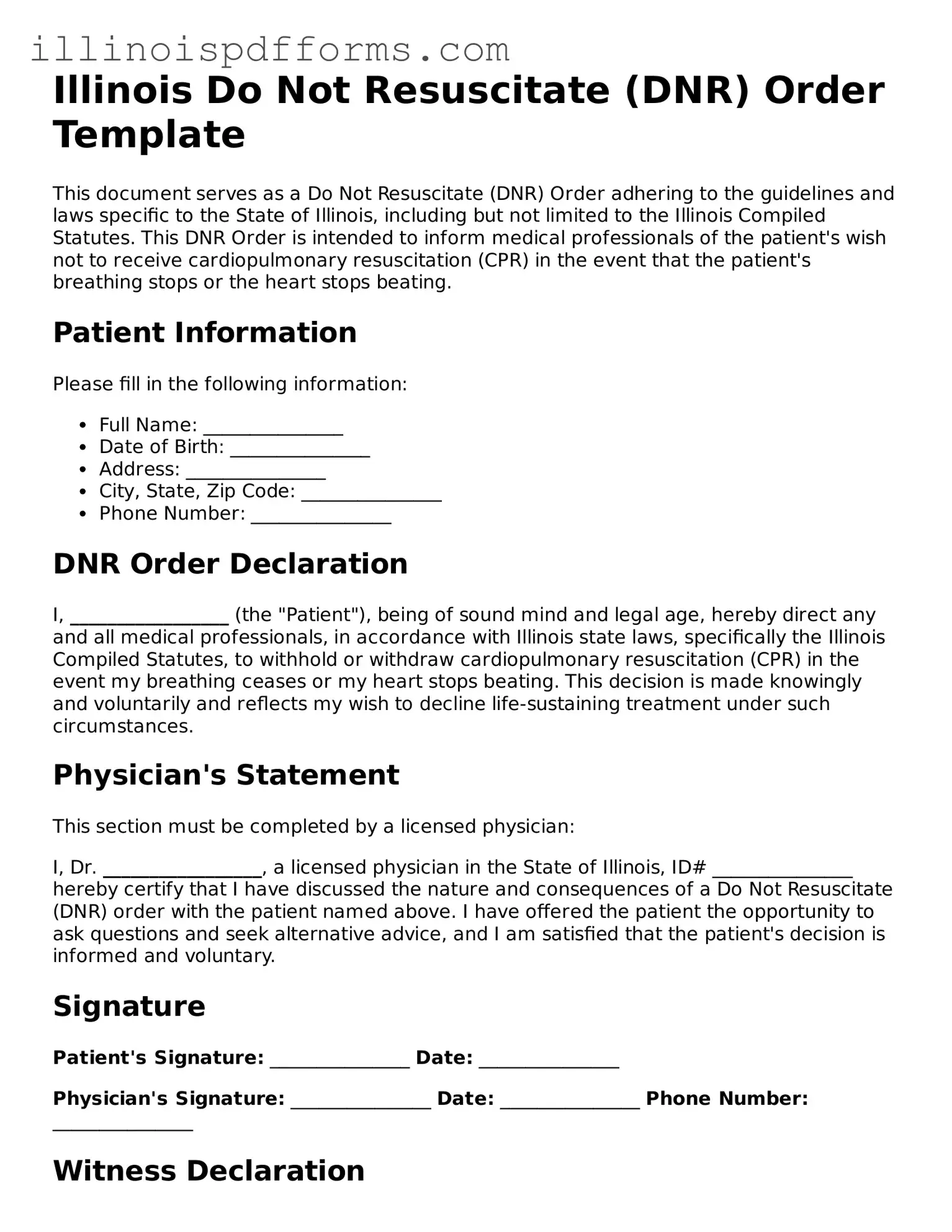 Printable Do Not Resuscitate Order Template for Illinois State