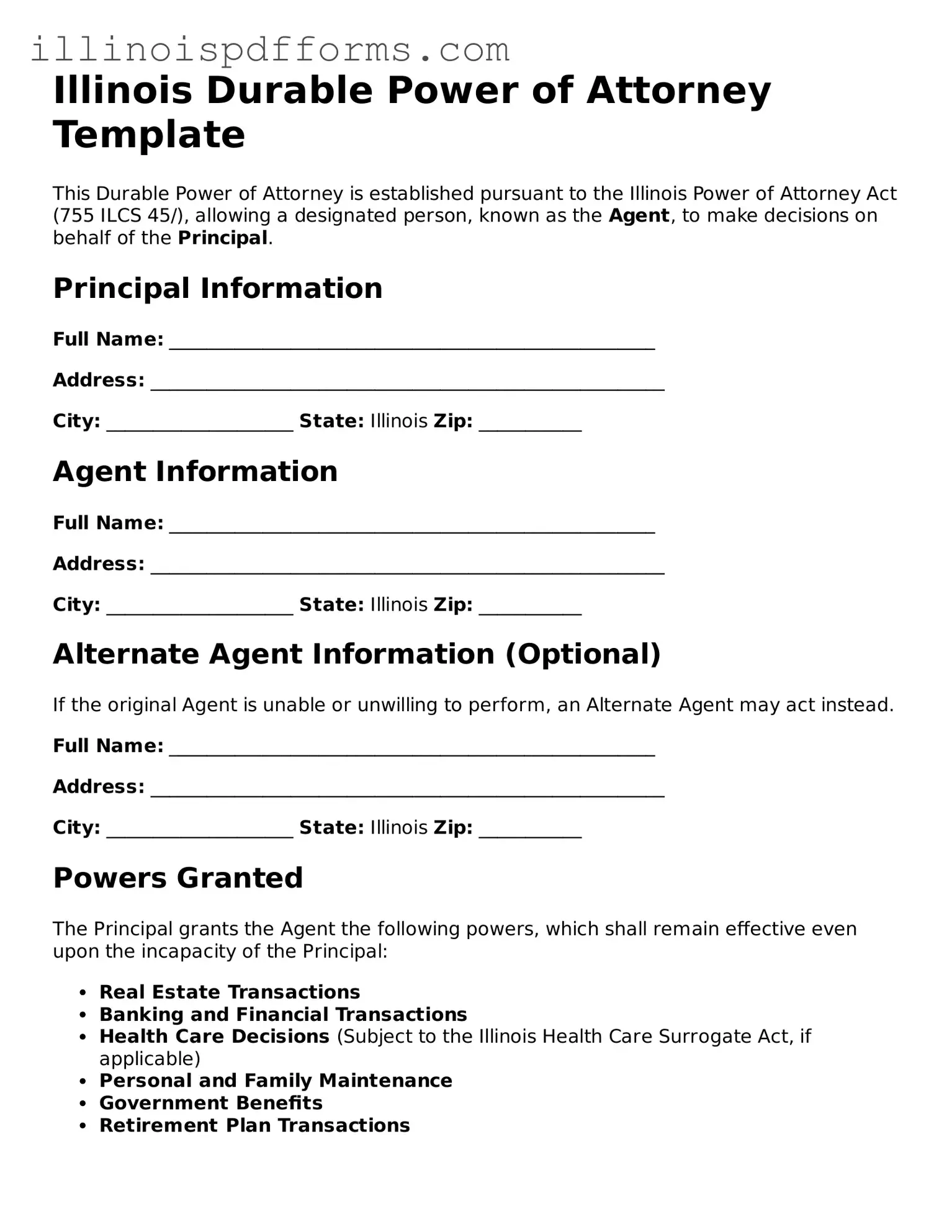 Printable Durable Power of Attorney Template for Illinois State