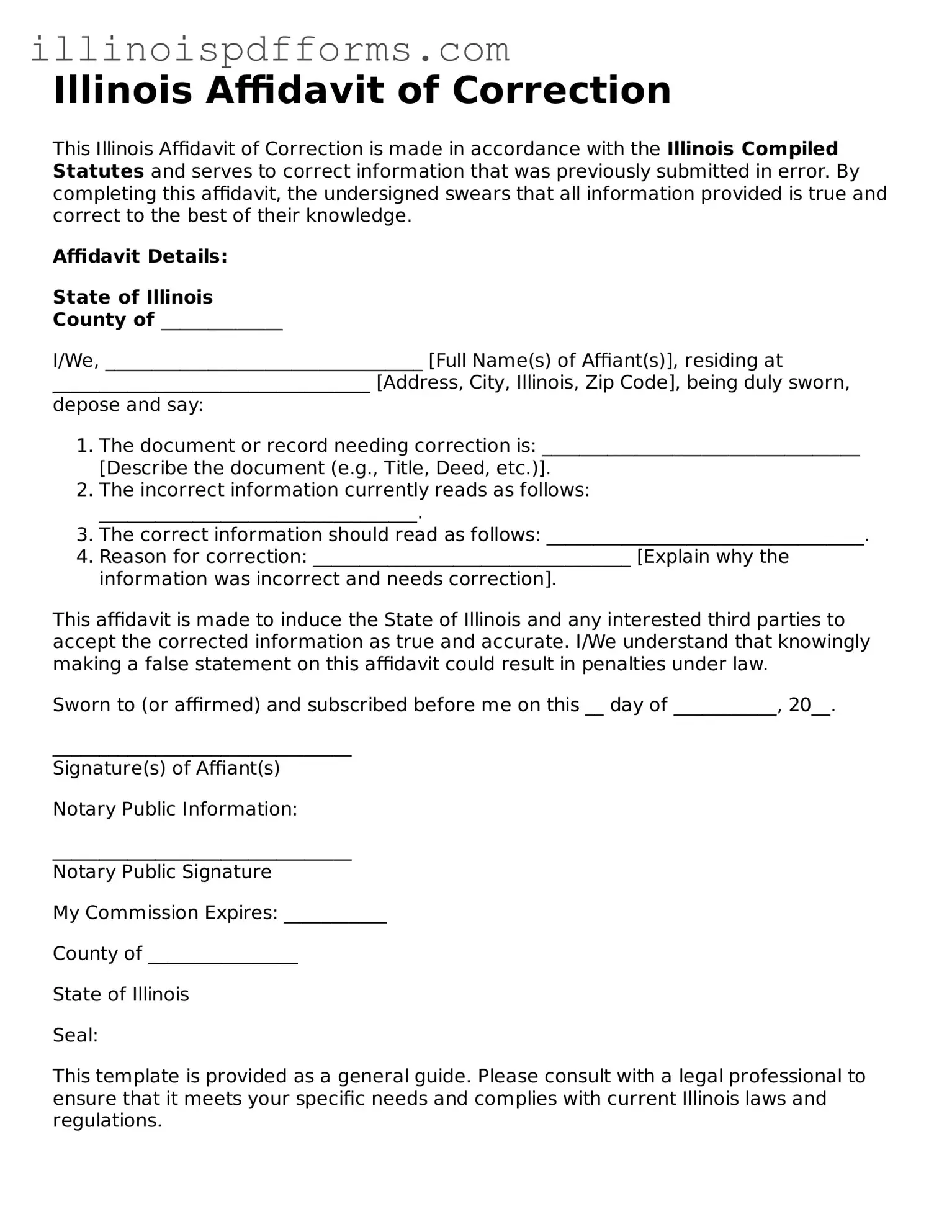 Printable Affidavit of Correction Template for Illinois State