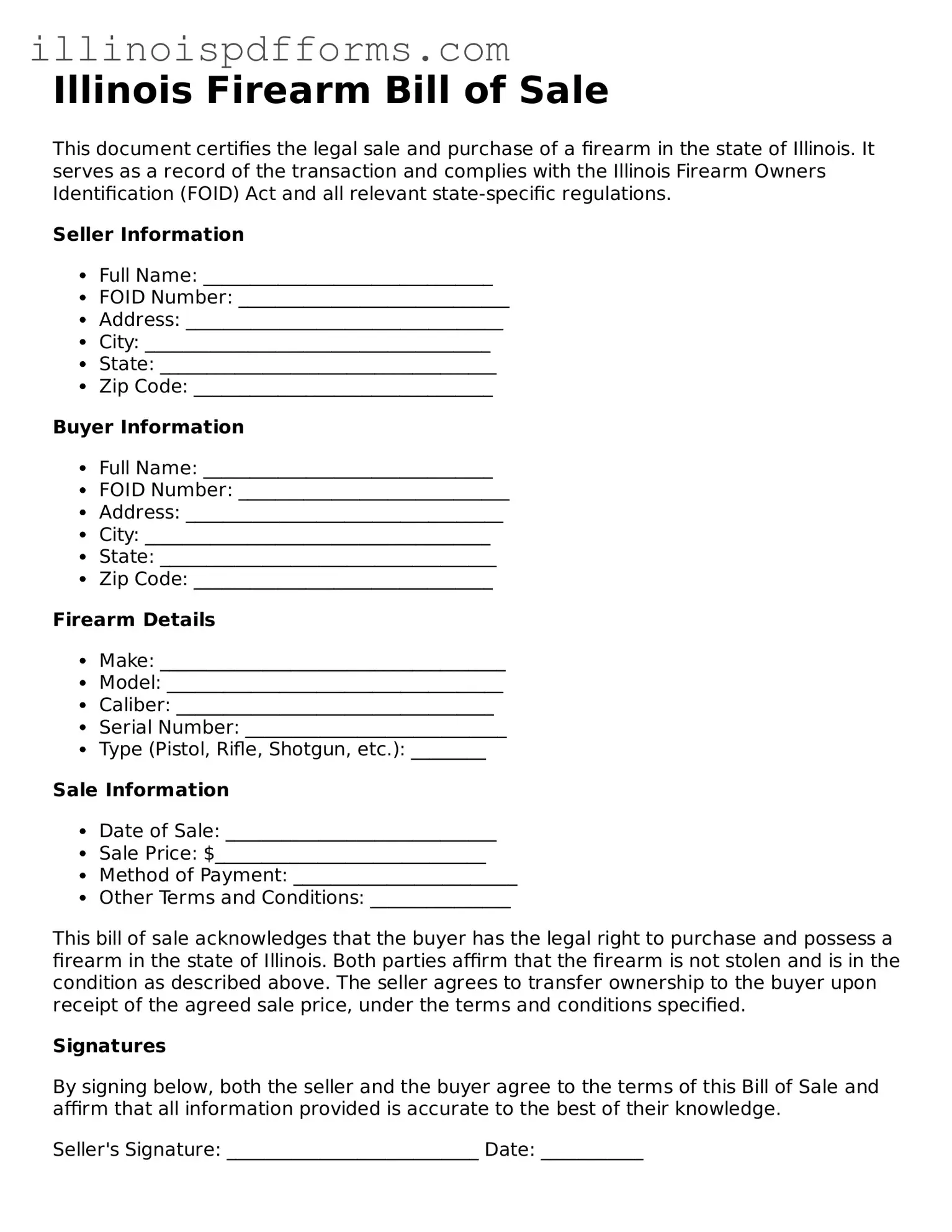 Printable Firearm Bill of Sale Template for Illinois State