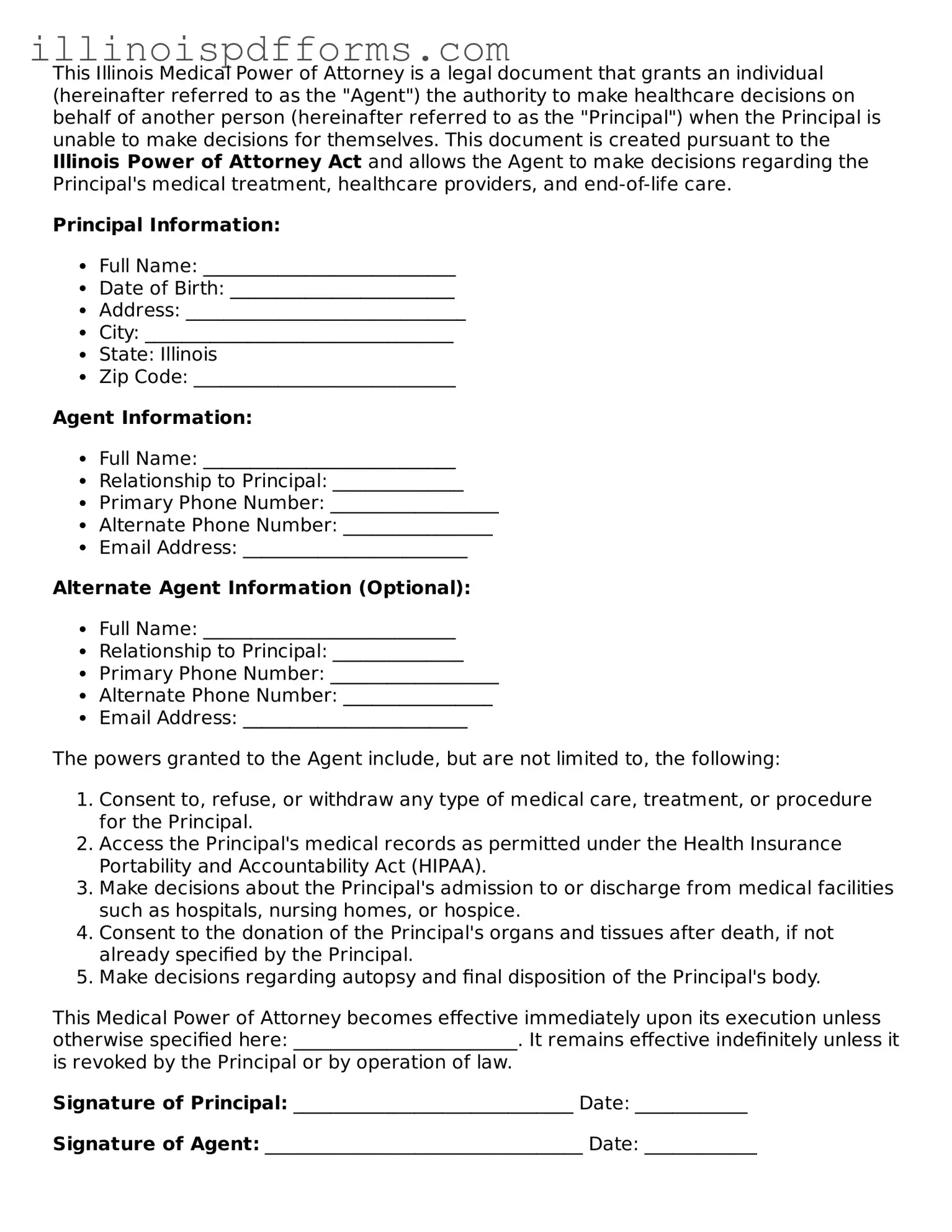 Printable Medical Power of Attorney Template for Illinois State