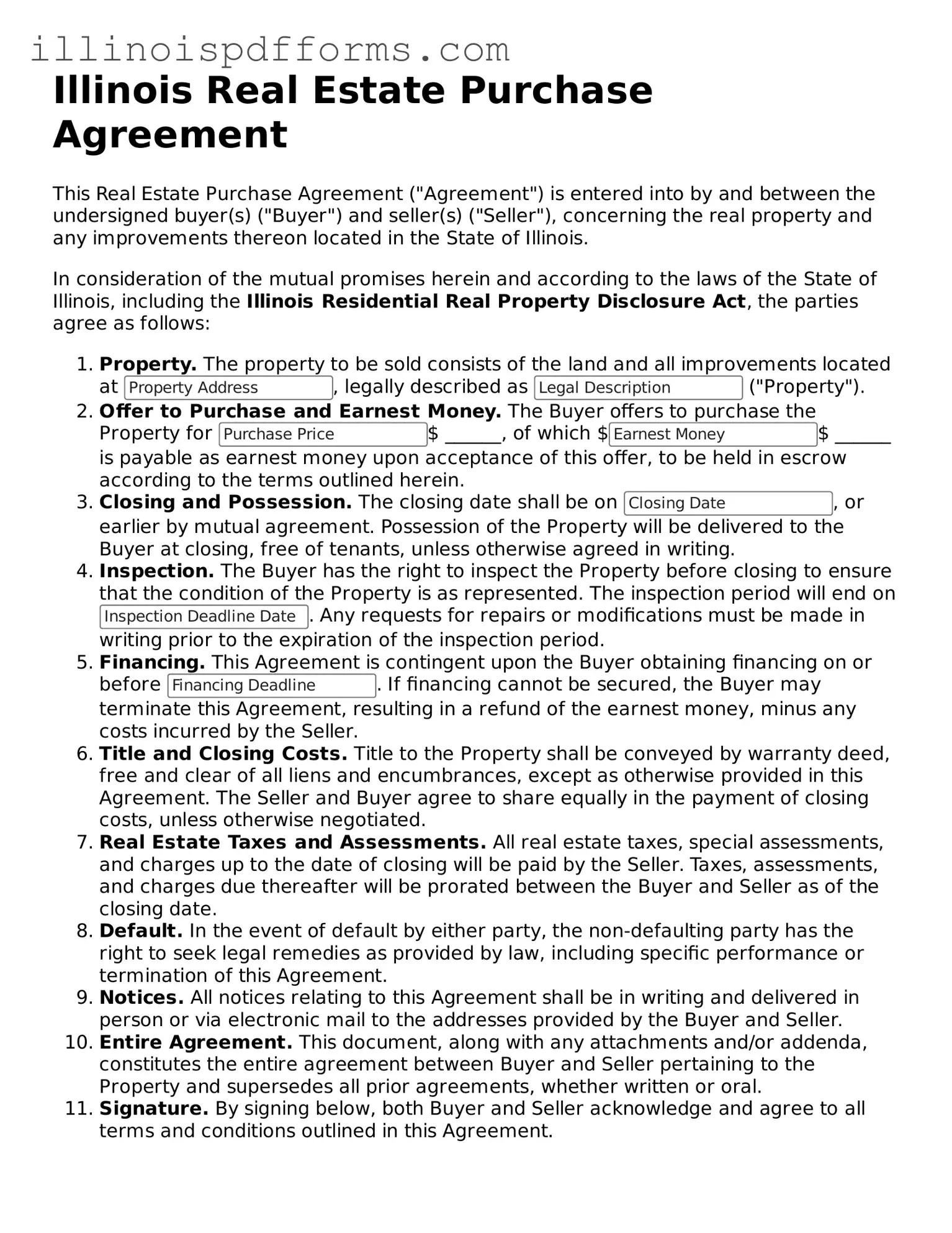 Printable Real Estate Purchase Agreement Template for Illinois State