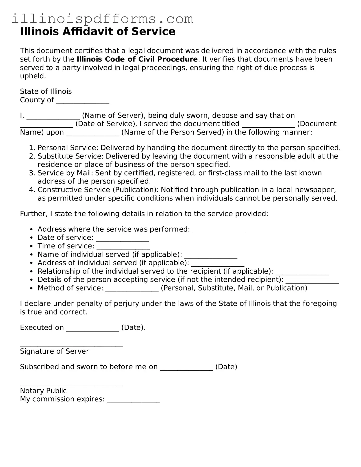 Printable Affidavit of Service Template for Illinois State