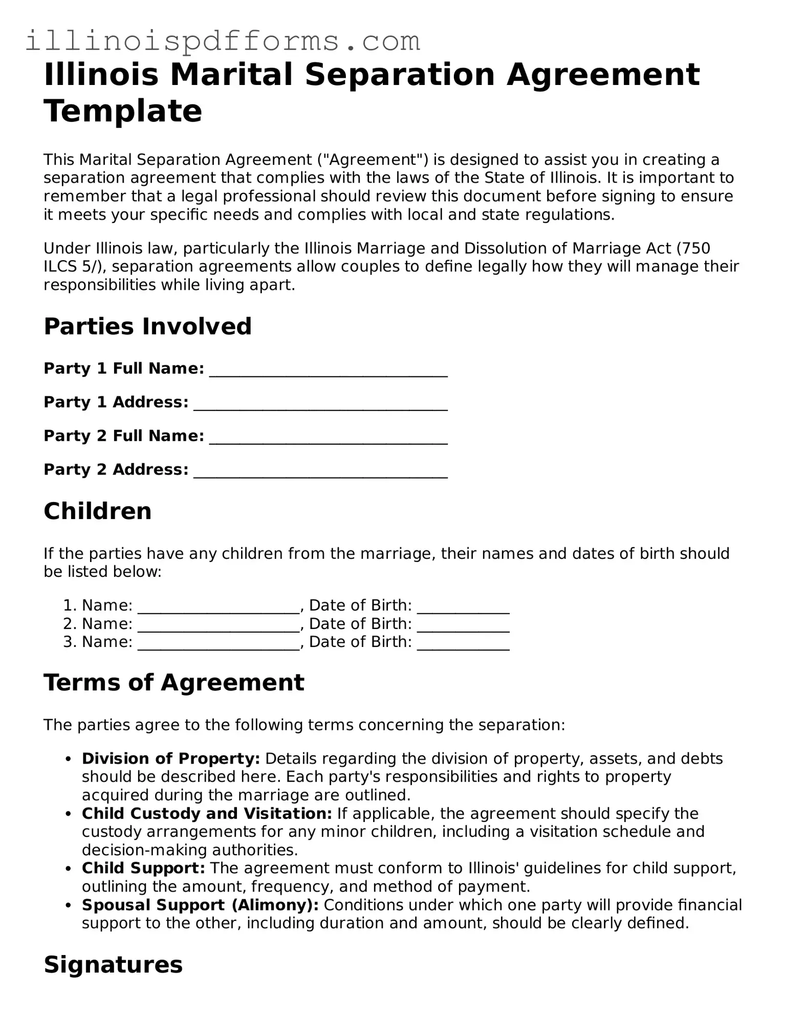 Printable Marital Separation Agreement Template for Illinois State