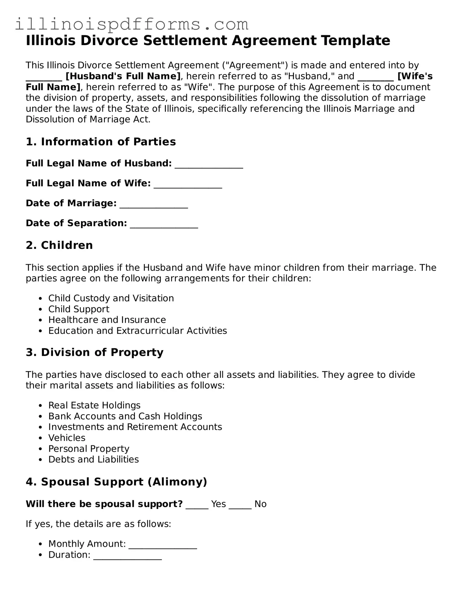 Printable Divorce Settlement Agreement Template for Illinois State