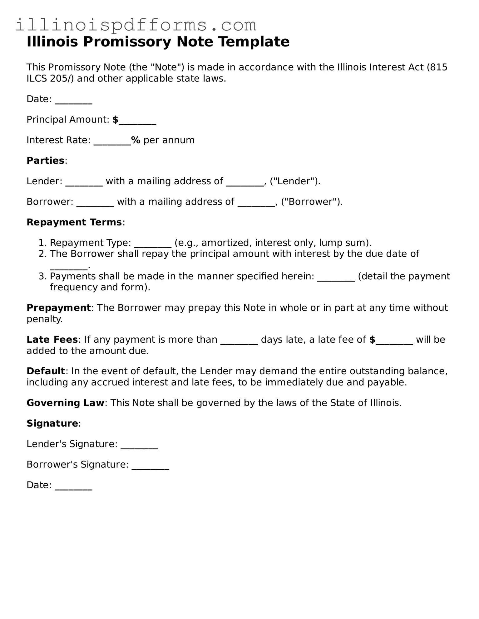 Printable Promissory Note Template for Illinois State