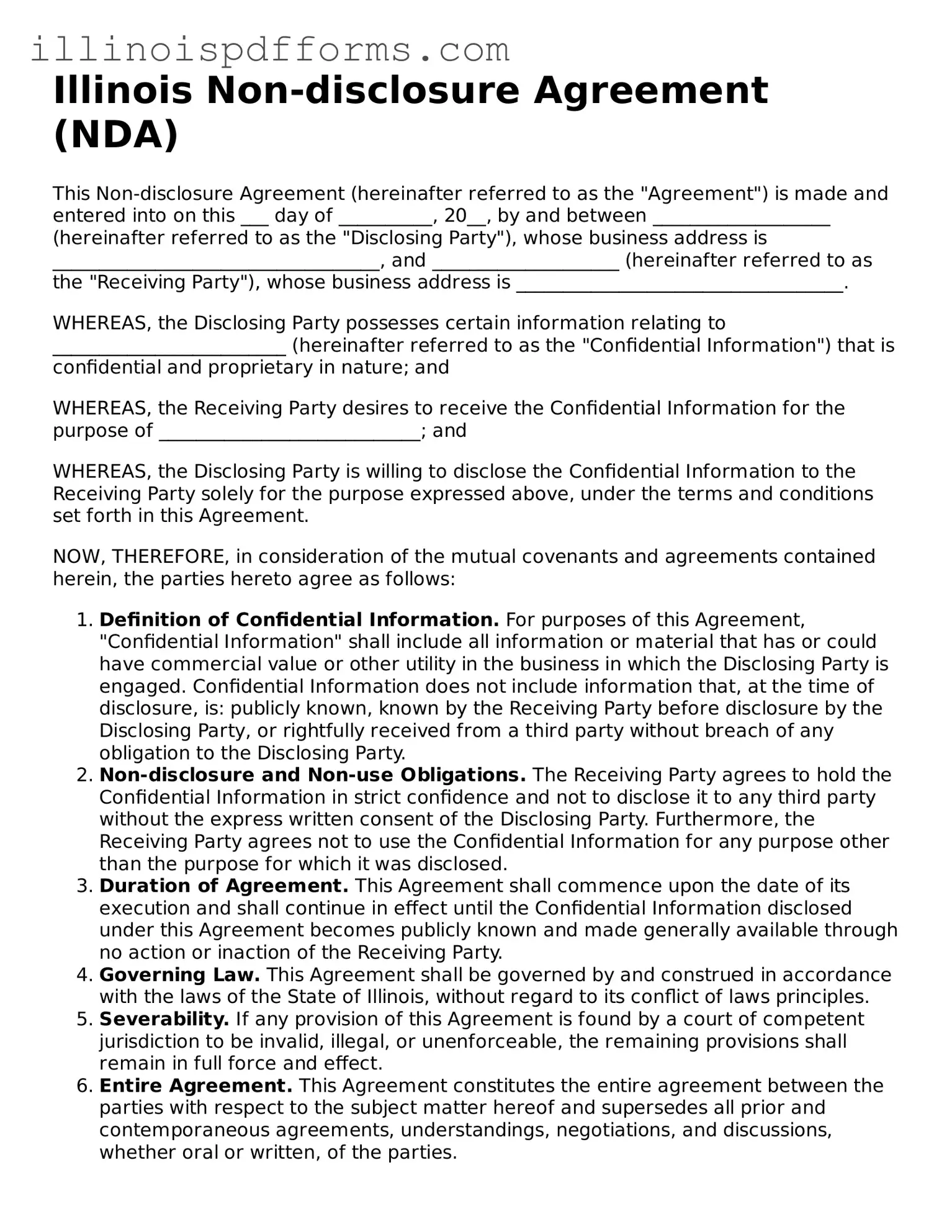 Printable Non-disclosure Agreement Template for Illinois State