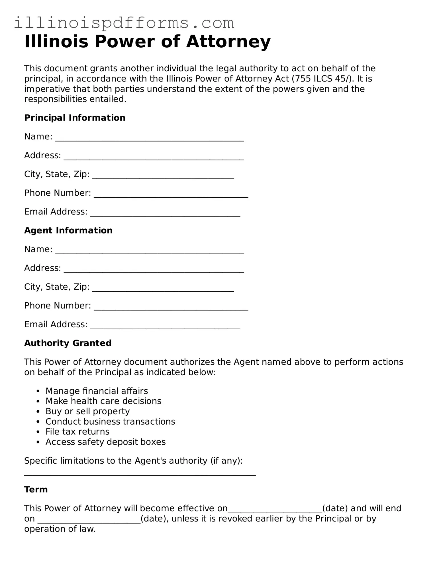 Printable Power of Attorney Template for Illinois State