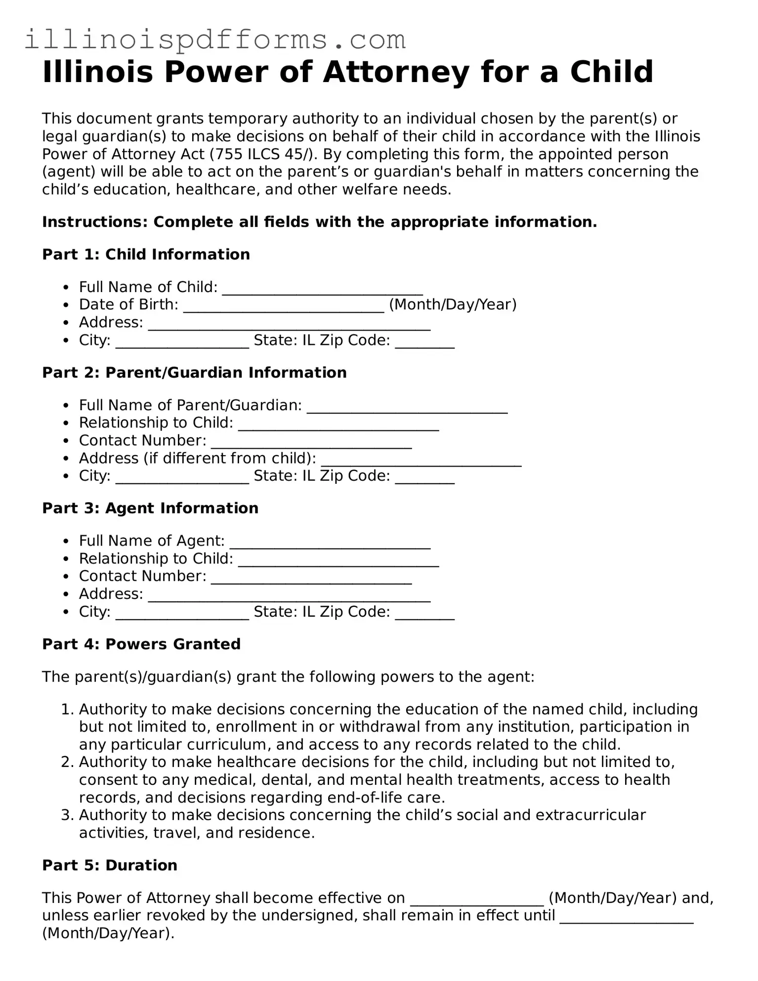 Printable Power of Attorney for a Child Template for Illinois State