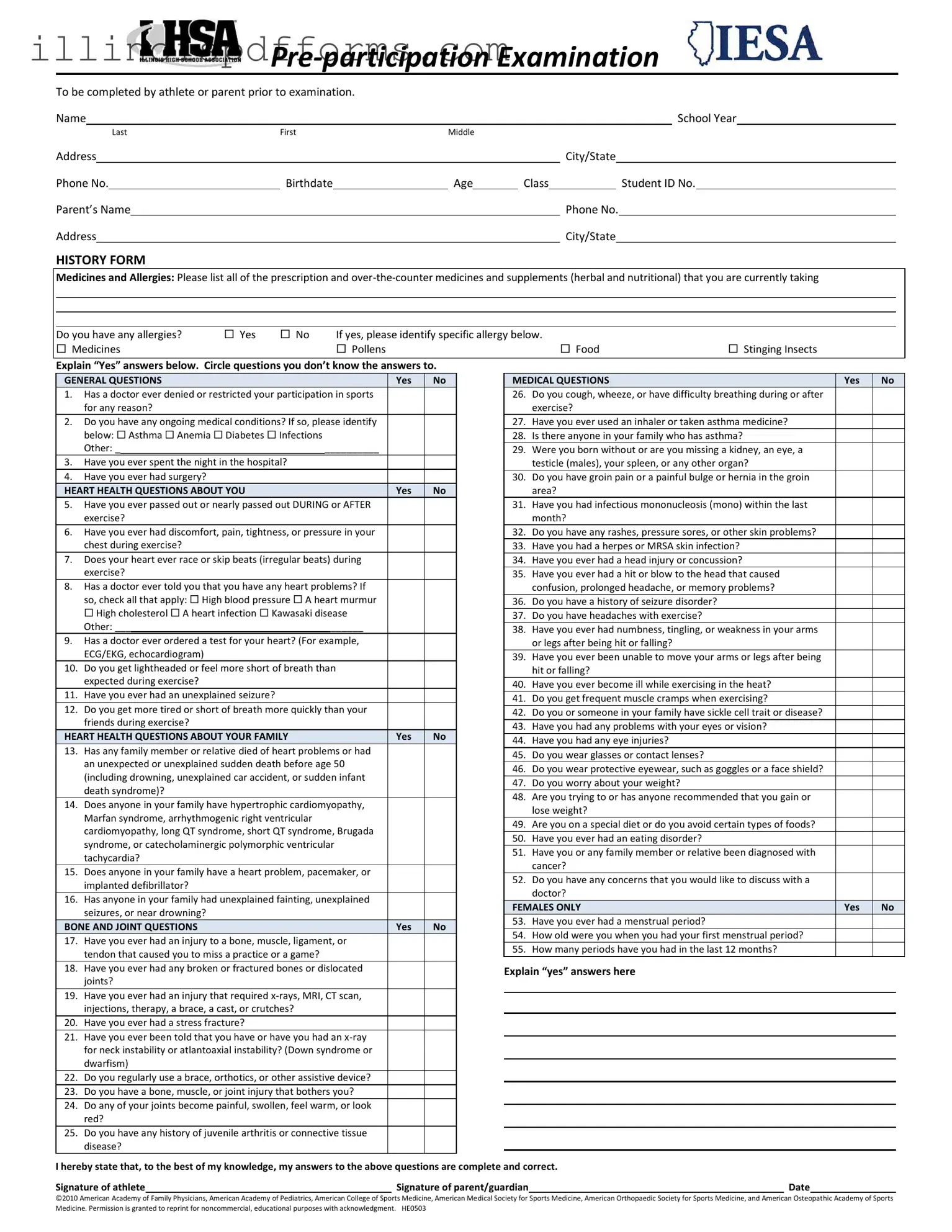 Fill a Valid Illinois Pre Participation Physical Form