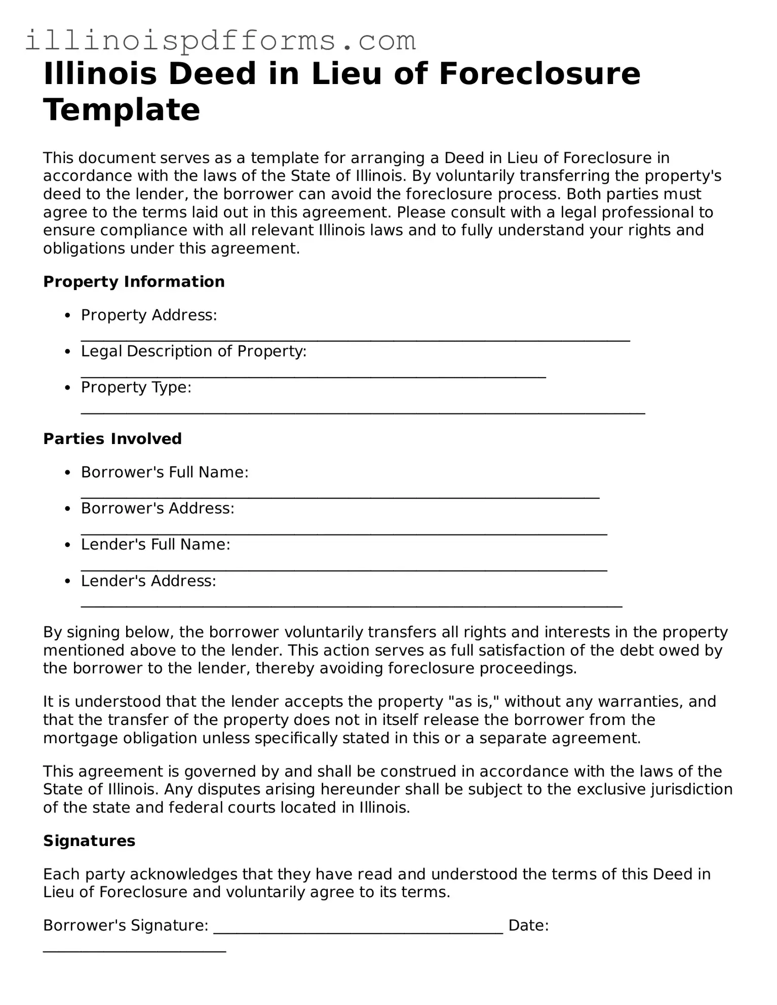 Printable Deed in Lieu of Foreclosure Template for Illinois State