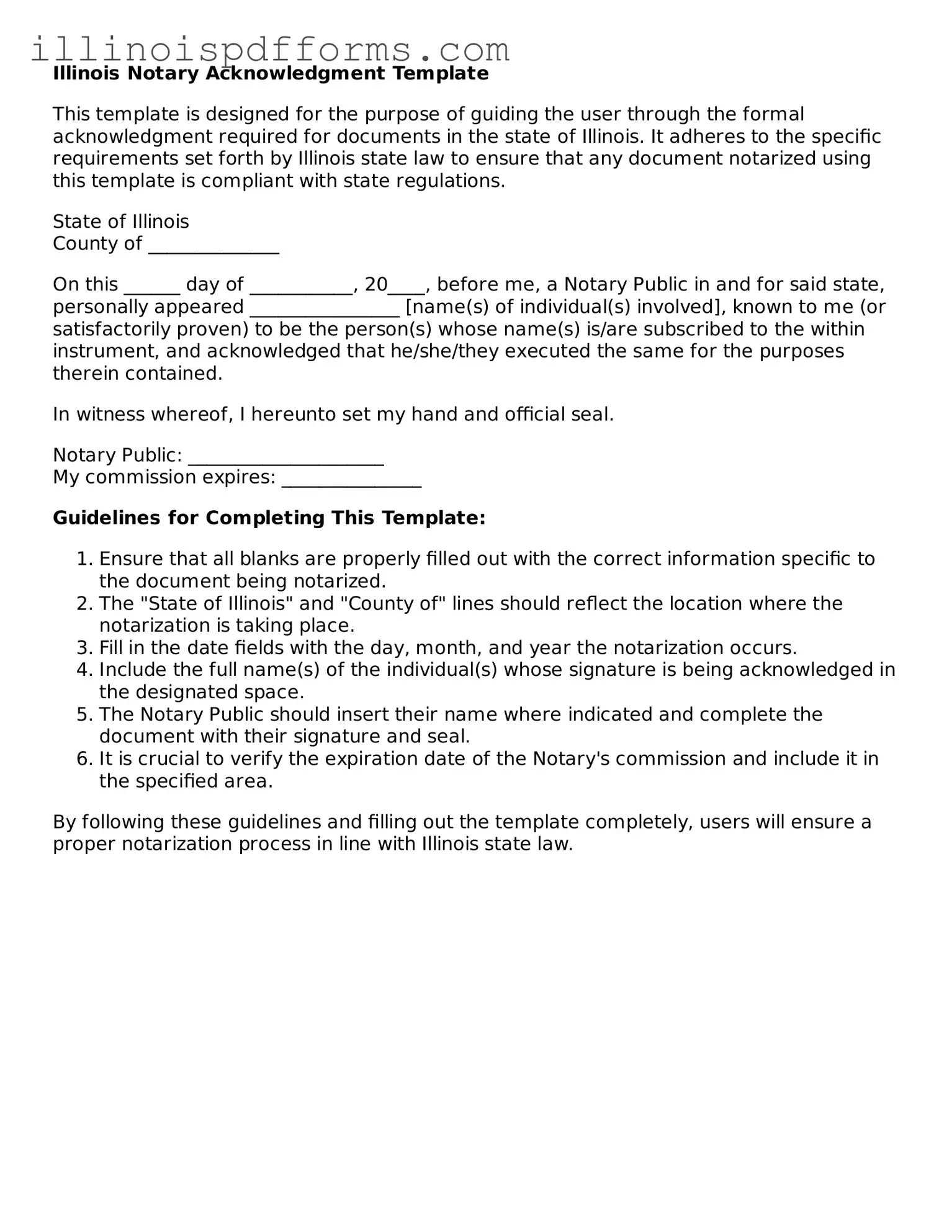 Printable Notary Acknowledgement Template for Illinois State