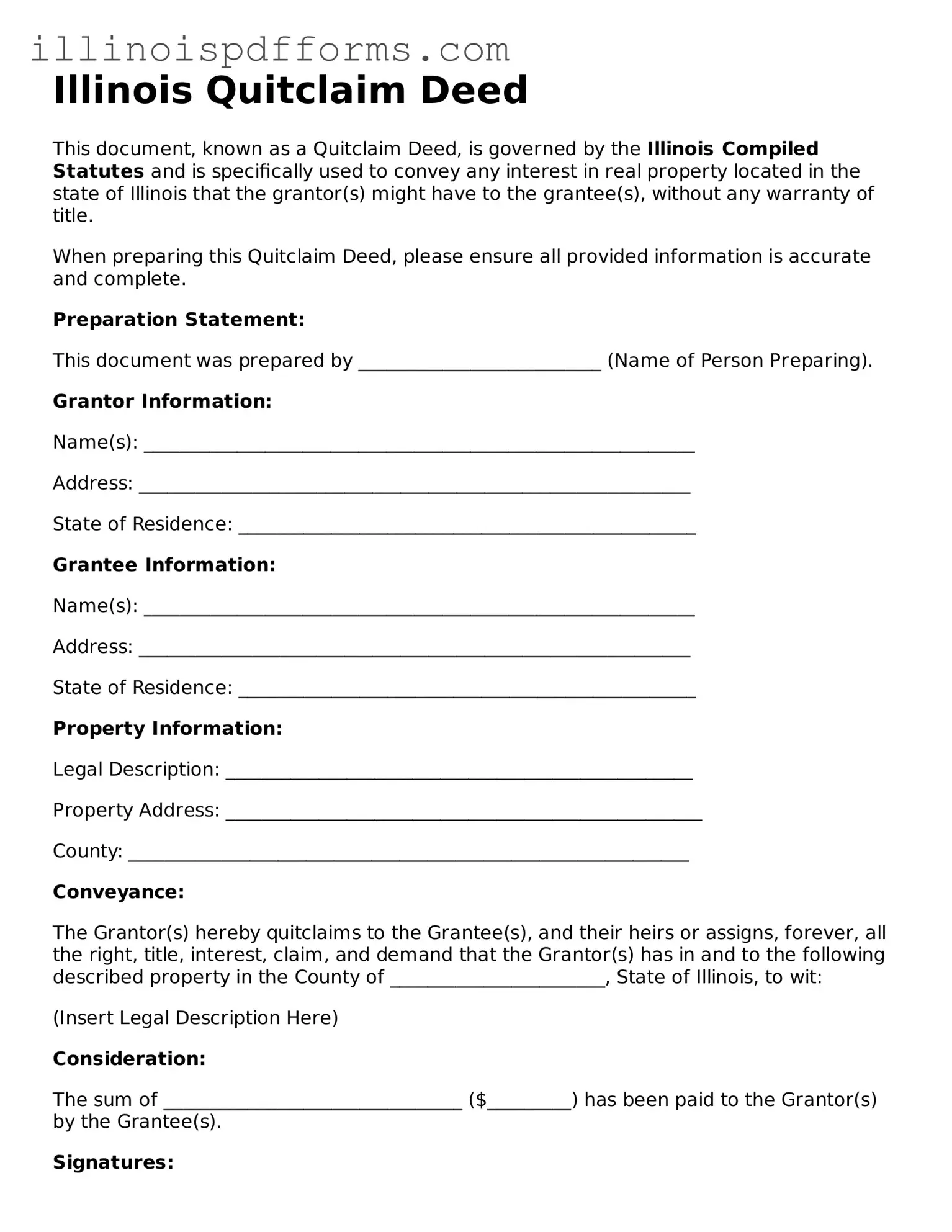 Printable Quitclaim Deed Template for Illinois State