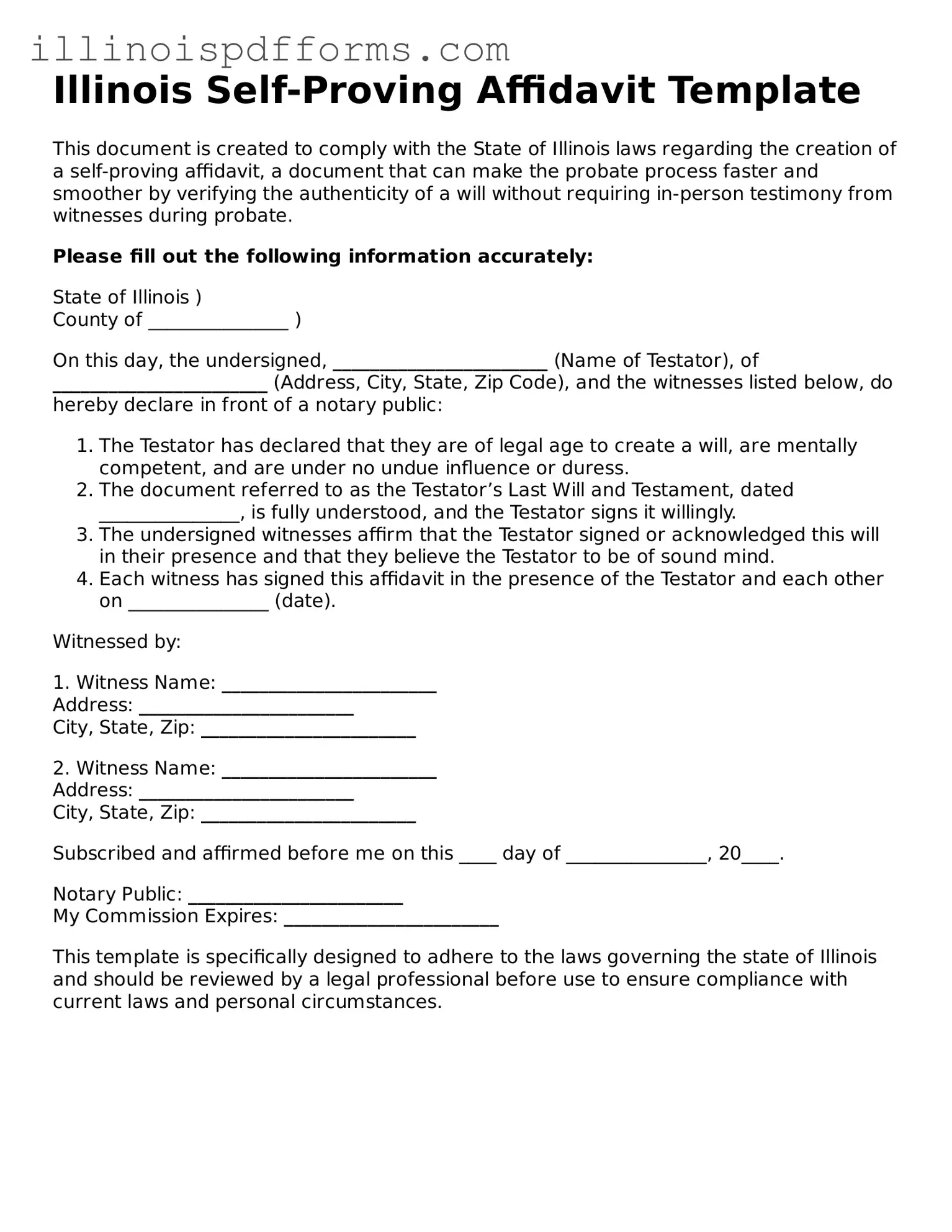 Printable Self-Proving Affidavit Template for Illinois State