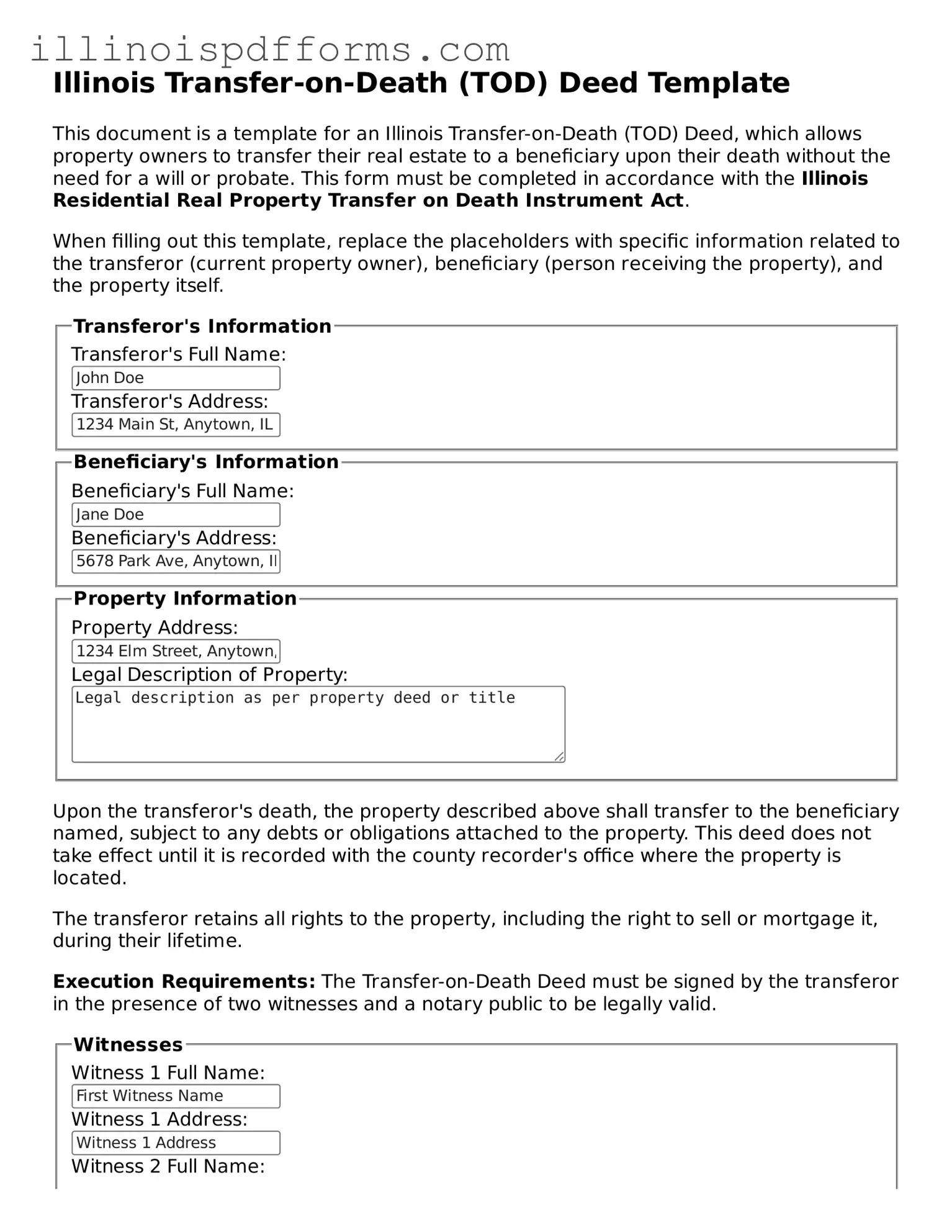 Printable Transfer-on-Death Deed Template for Illinois State