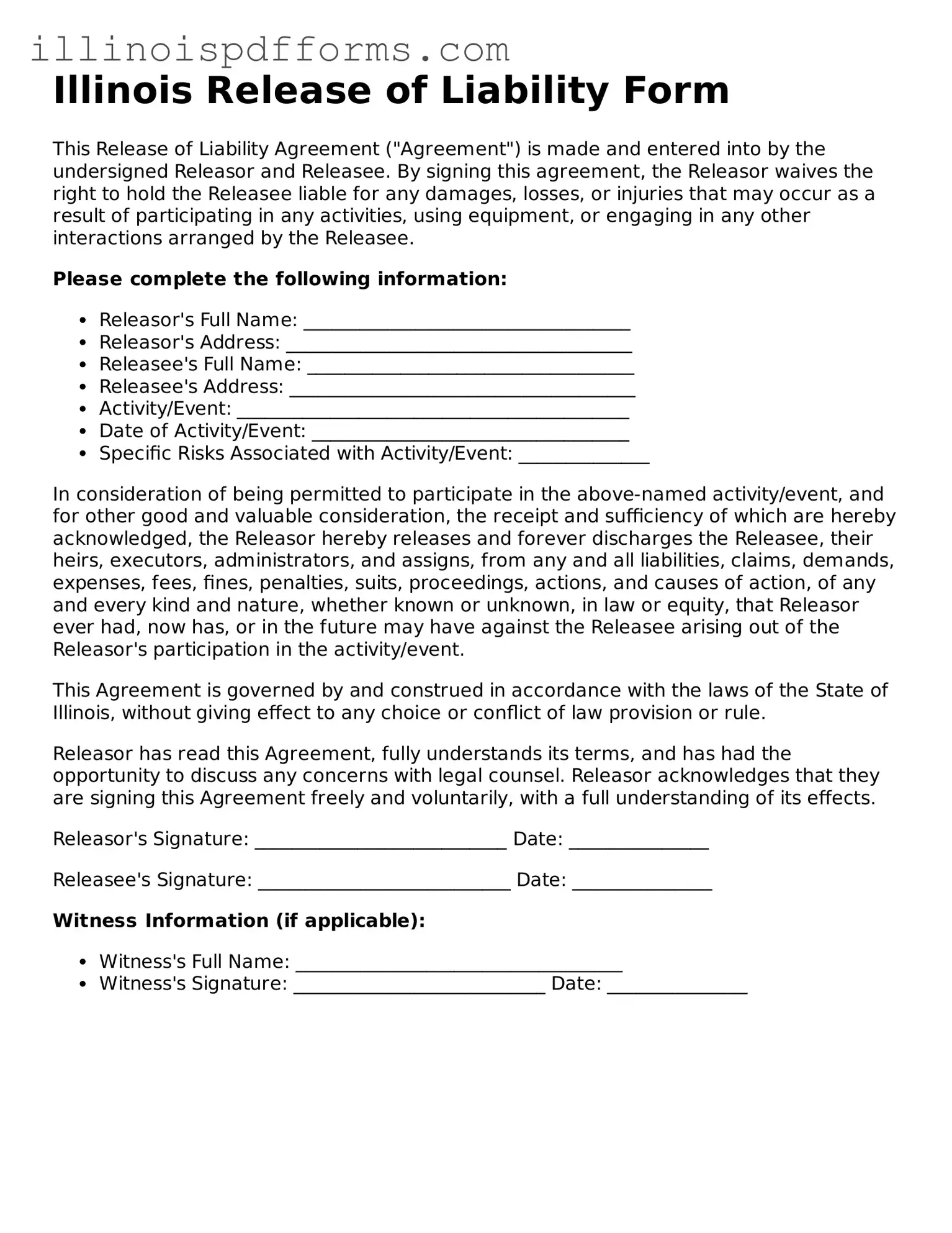 Printable Release of Liability Template for Illinois State