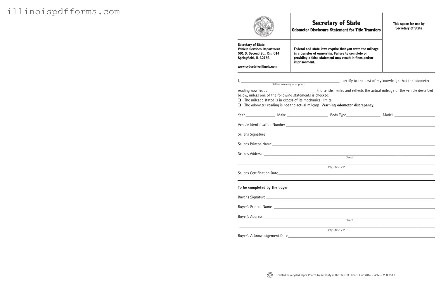 Fill a Valid Odometer Statement For Illinois Form