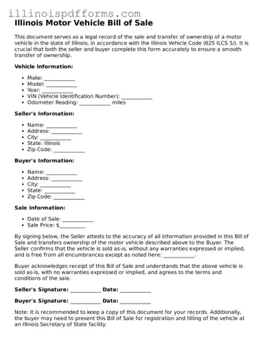 Printable Motor Vehicle Bill of Sale Template for Illinois State
