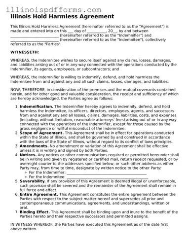 Printable Hold Harmless Agreement Template for Illinois State